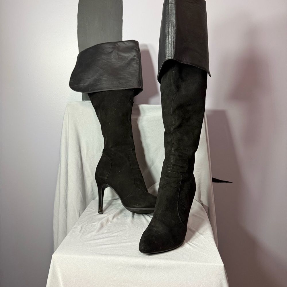 Aliz Black Over-the-Knee Stiletto Boots | Fold-Over Cuff | Statement Thigh High - Picture 2 of 7